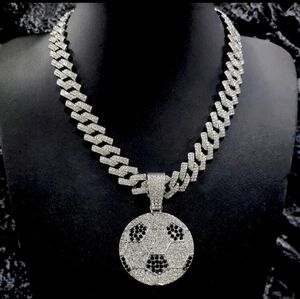 Iced Out Full Rhinestone Silver and Black Soccer Pendant Necklace 20"